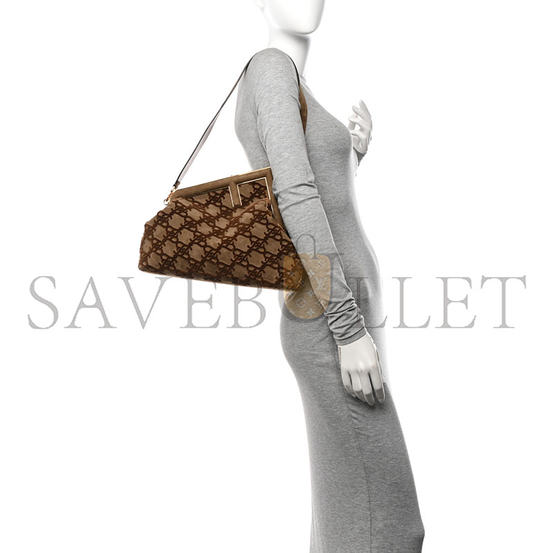 FENDI CAMOSCIO KARLIGRAPHY EMBROIDERED MEDIUM FIRST CAMEL (30*25*10cm) 